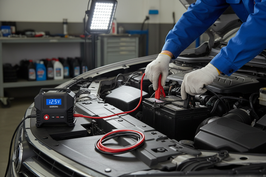 persona cargando una bateria de auto con nuestro cargador 12 volts